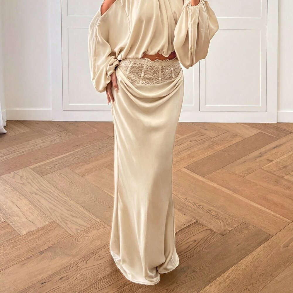Champagne Elegant Women's Long Satin Lace Patchwork Skirt